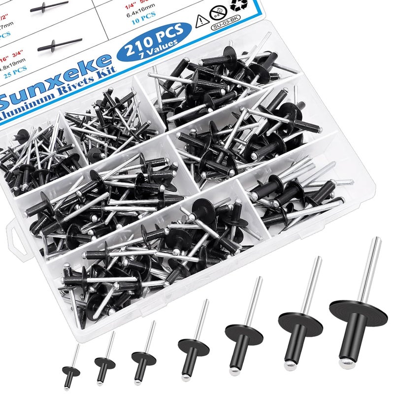 Sunxeke 210PCS Black Pop Rivets Assortment Kit,Includes 7 Sizes Large Flange Aluminum Rivets (1/8 inch 3/16 inch 1/4 inch) for DIY, Automotive Repairs,and More.Assorted Blind Rivets with Case - Image 1